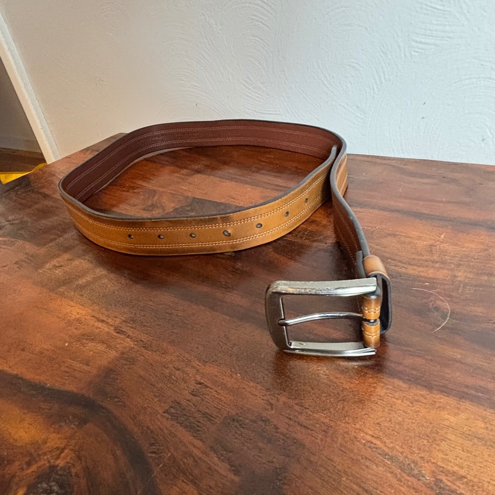 Perry‎ Ellis Mens Tan Leather Belt 34/85 Burnished Contrast Stitch 1P75906